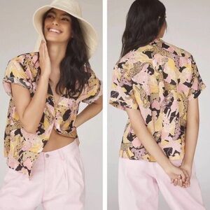 Anthropologie Maeve Linen Surfer Cheetah Short Sleeve Button Up Size XL